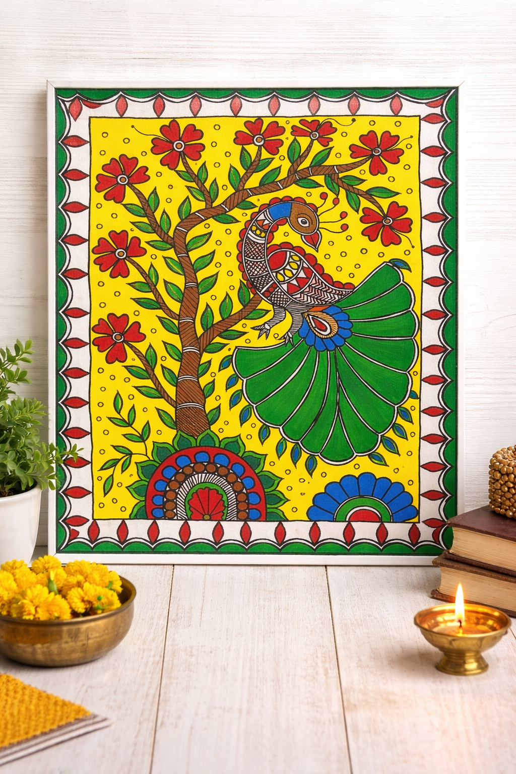 Handmade Madhubani Painting – Peacock on a Branch | Mithila Art Traditional Indian Folk Wall Decor - Retail Maharaj