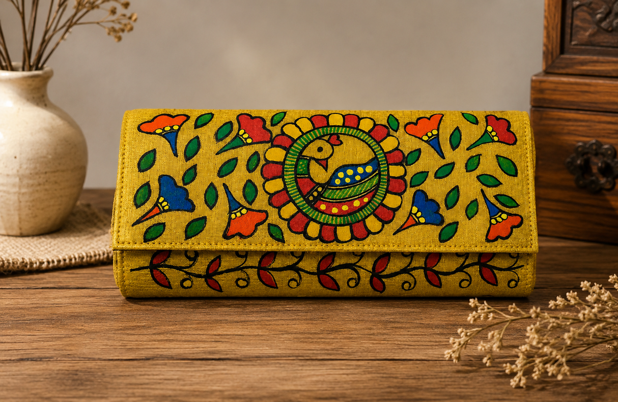 Handmade Madhubani Golden color clutch-2 | Mithila Art Ethnic Handbag Traditional Indian Accessory