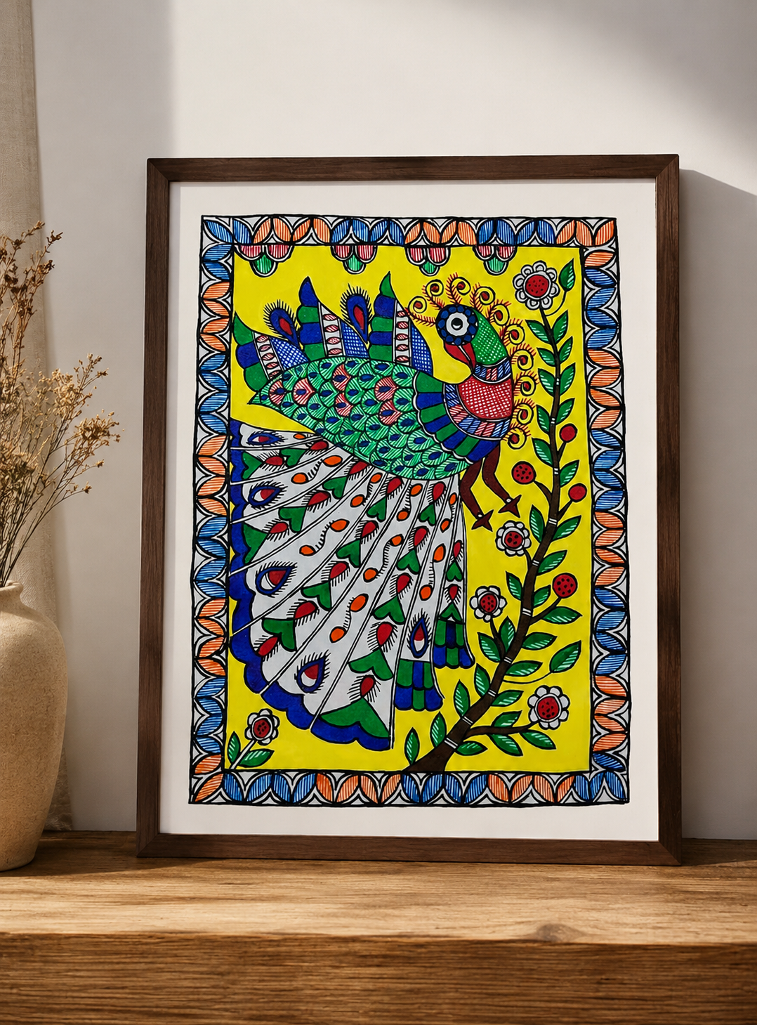 Handmade Madhubani Painting – Peacock on a Branch | Mithila Art Traditional Indian Folk Wall Decor