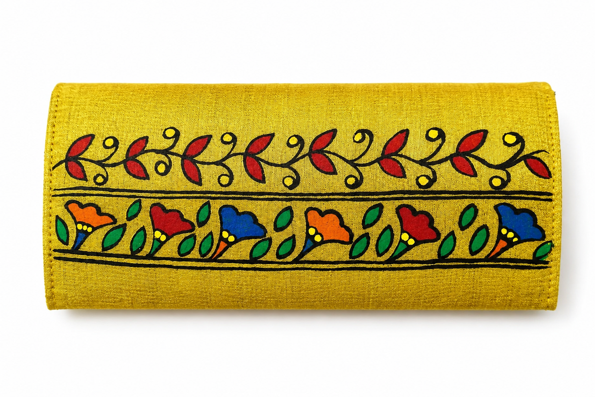 Handmade Madhubani Golden color clutch-2 | Mithila Art Ethnic Handbag Traditional Indian Accessory