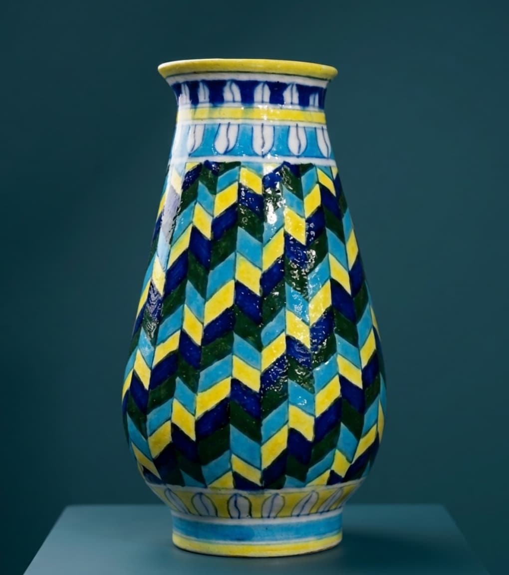 Chevron Citrine Hand-Painted Jaipur Blue Pottery Bud Vase (12 Inch)