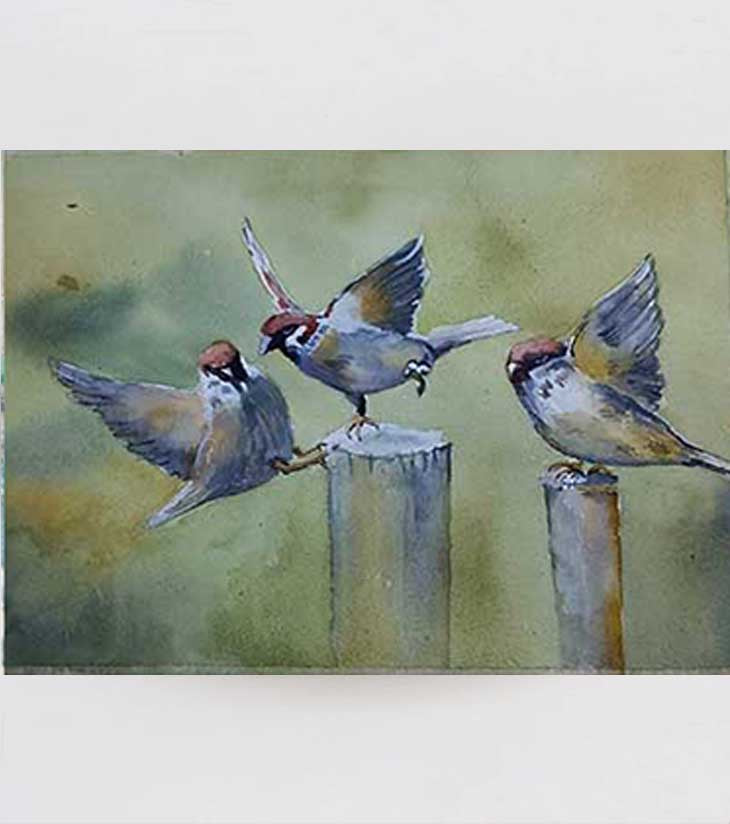 Chirp Circle Original Watercolour Birdscape Painting by Ranjan Kurmi (A4 Size)
