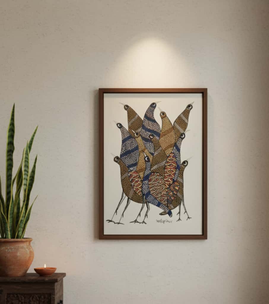 Authentic Gond Painting – Cluster of Birds Folk Art (11 × 15 Inch)