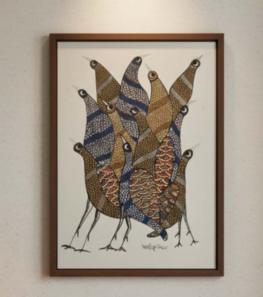 Authentic Gond Painting – Cluster of Birds Folk Art (11 × 15 Inch)