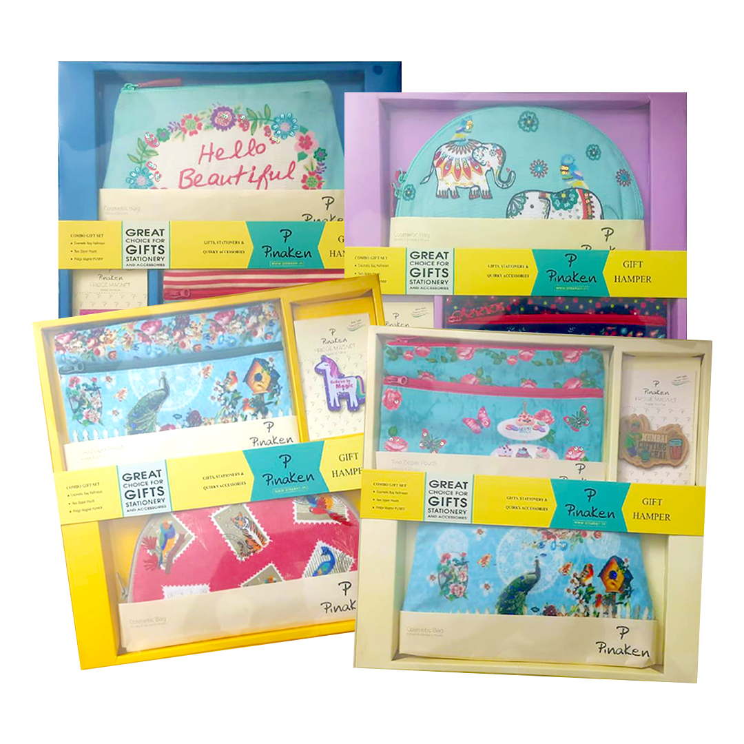 Pinaken Gift Hamper Set Combo with Cosmetic Bag Zipper Pouches and Fridge Magnet - Retail Maharaj