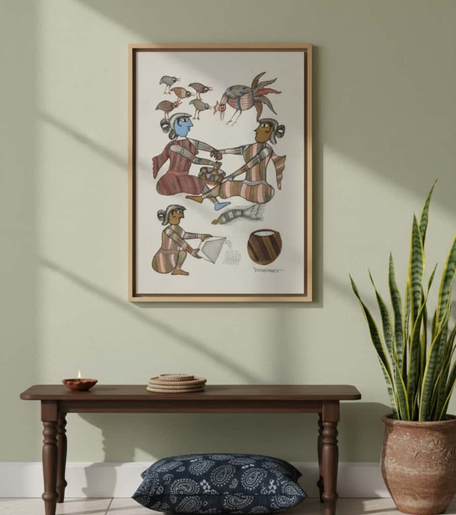 Authentic Gond Painting – Tribal Community & Daily Life Folk Art (11 × 15 Inch)
