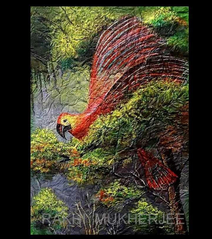 Crimson Flight – Original Textured Acrylic Canvas Painting by Rakhi Mukherjee (14 × 18 Inch)
