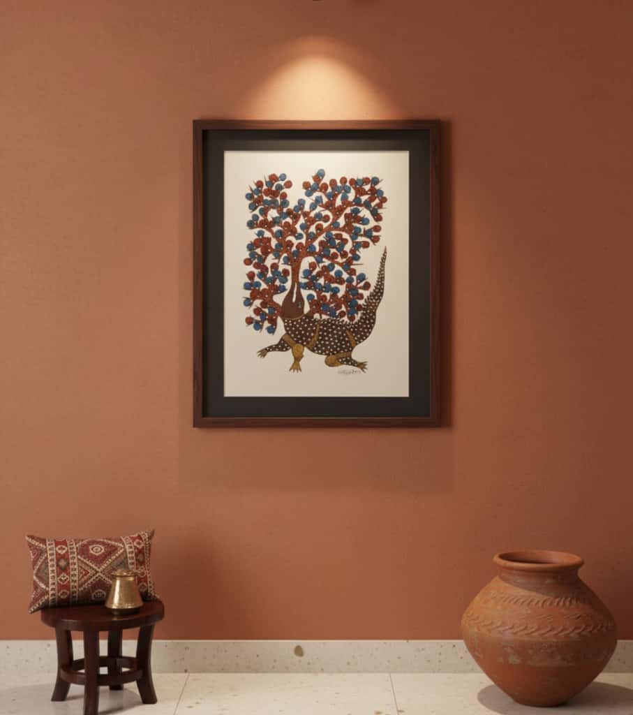 Authentic Gond Painting – Crocodile & The Vibrant Tree Tribal Art (11 × 15 Inch)