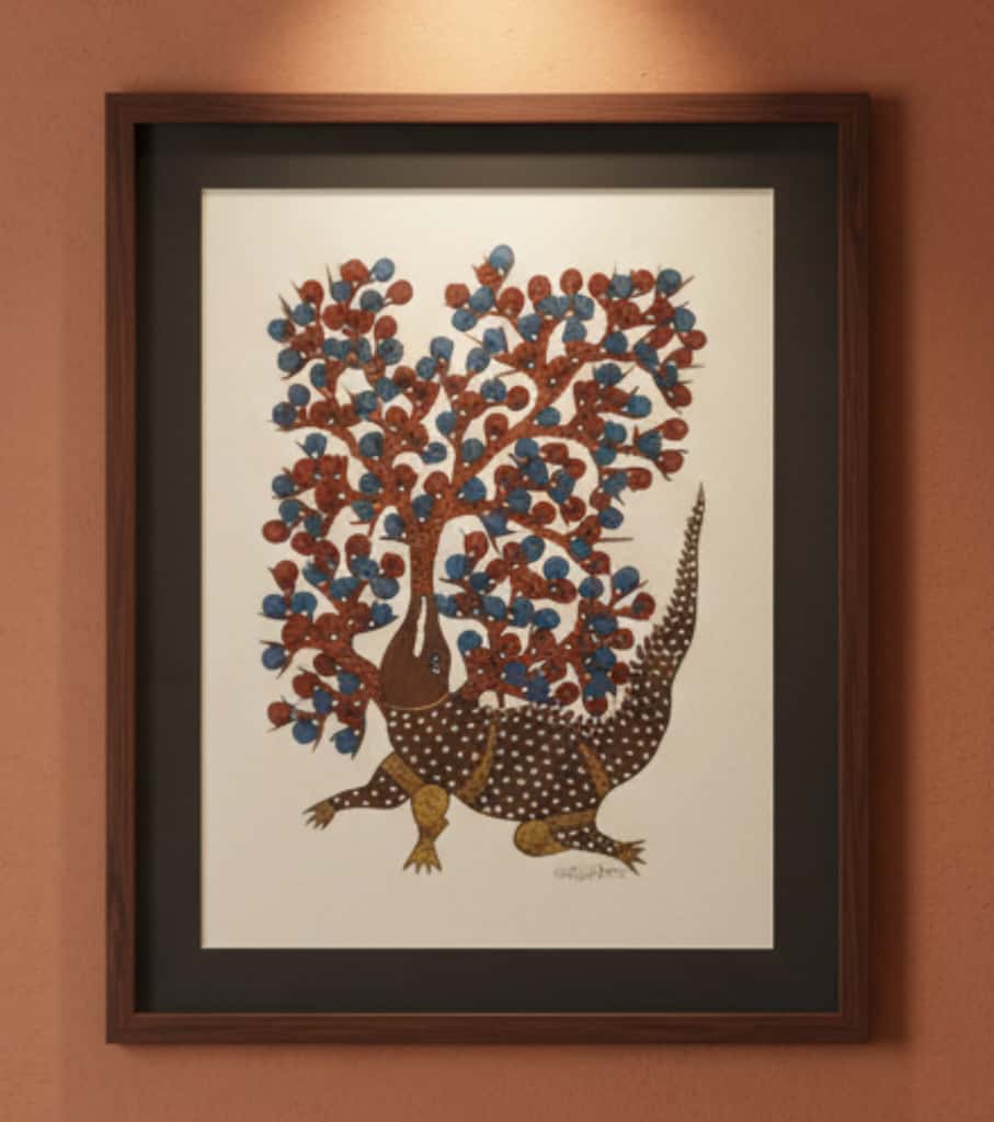 Authentic Gond Painting – Crocodile & The Vibrant Tree Tribal Art (11 × 15 Inch)