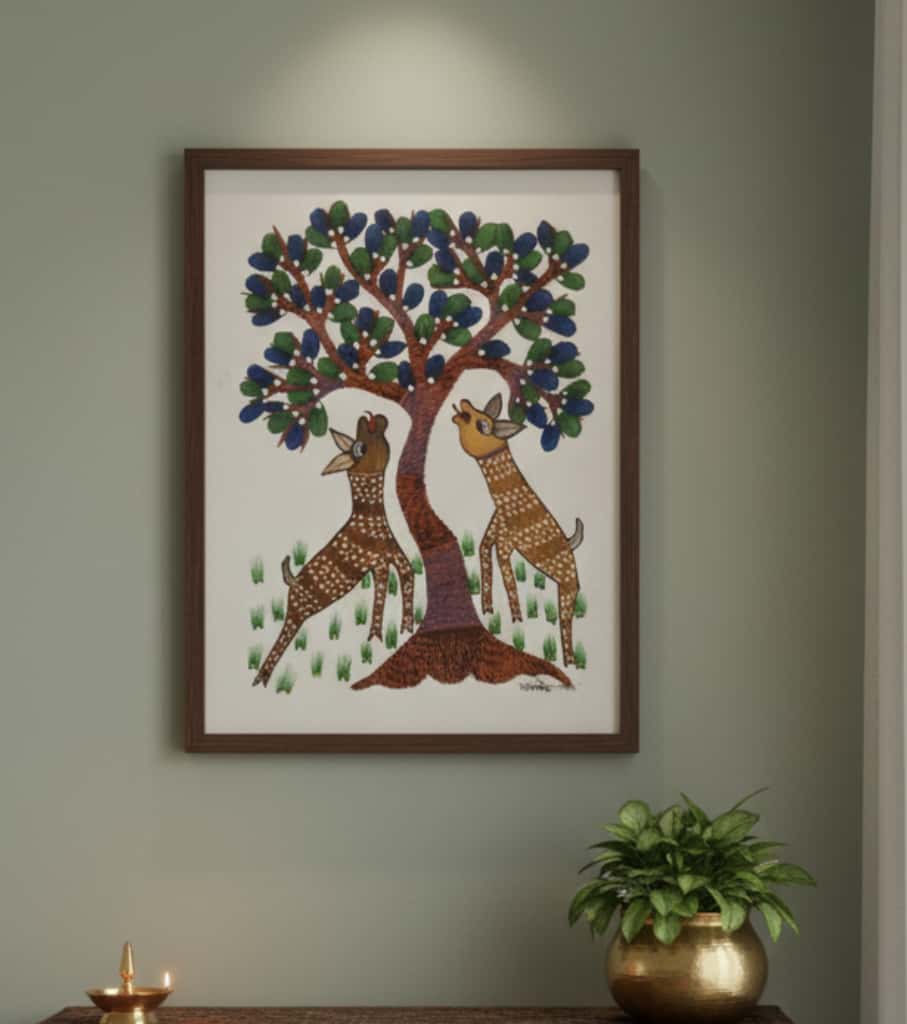 Authentic Gond Painting – Deer Under the Tree Tribal Art (11 × 15 Inch)