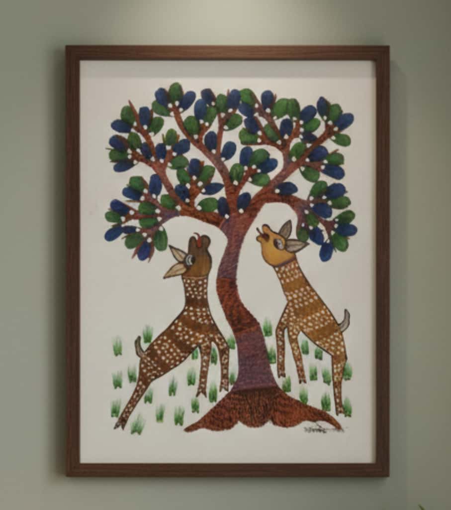 Authentic Gond Painting – Deer Under the Tree Tribal Art (11 × 15 Inch)