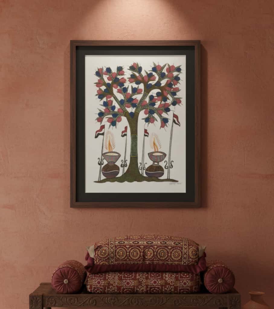 Authentic Handmade Gond Painting – Diwali Diyas & Tree of Worship Tribal Art (11 × 15 Inch)