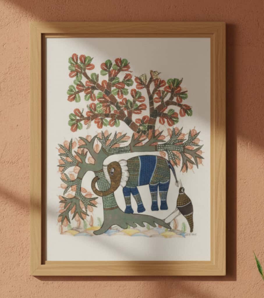 Authentic Gond Painting – Majestic Elephant & Forest Scene Folk Art (11 × 15 Inch)
