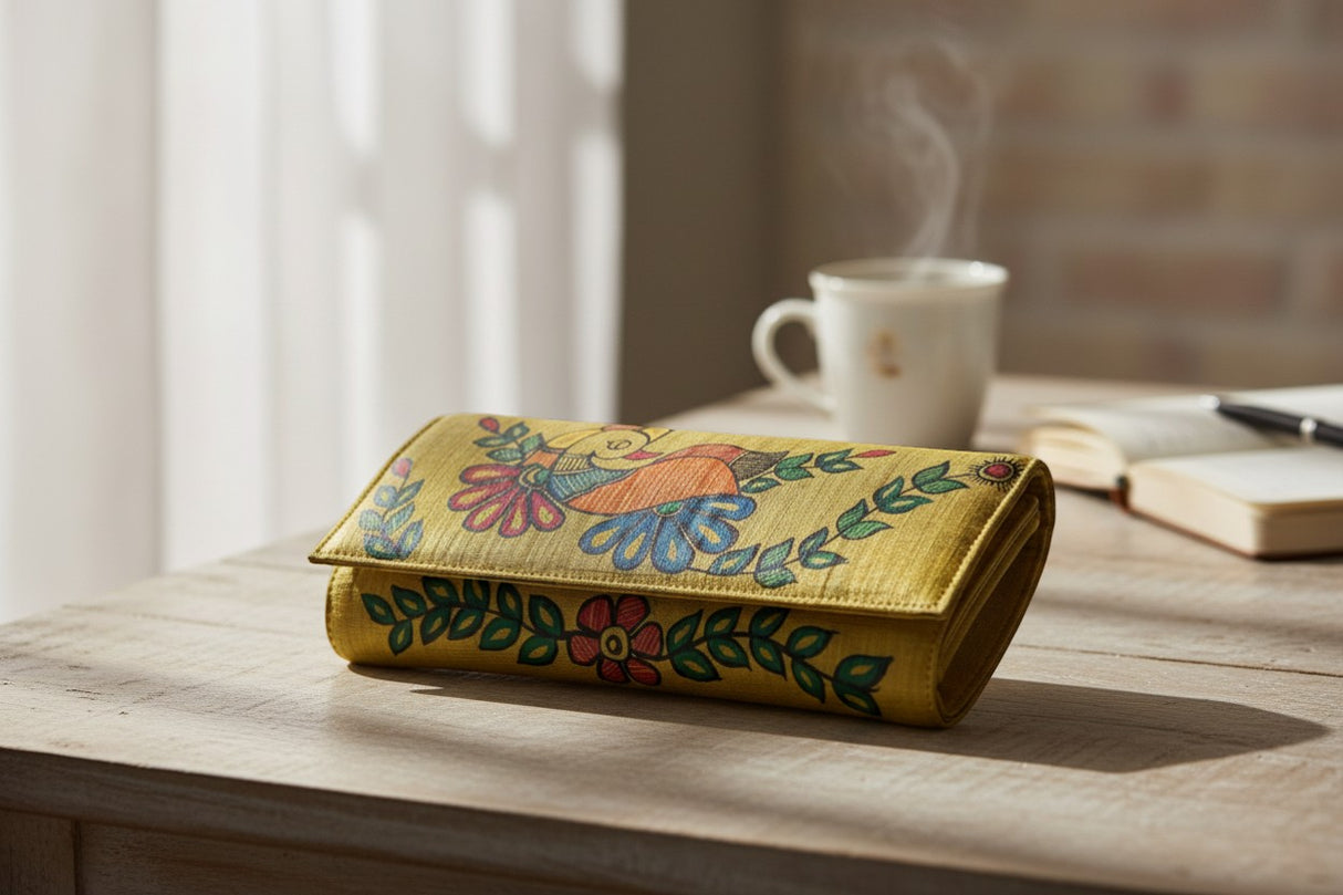 Handmade Madhubani Golden Silk Clutch | Mithila Art Ethnic Handbag Traditional Indian Accessory - Retail Maharaj