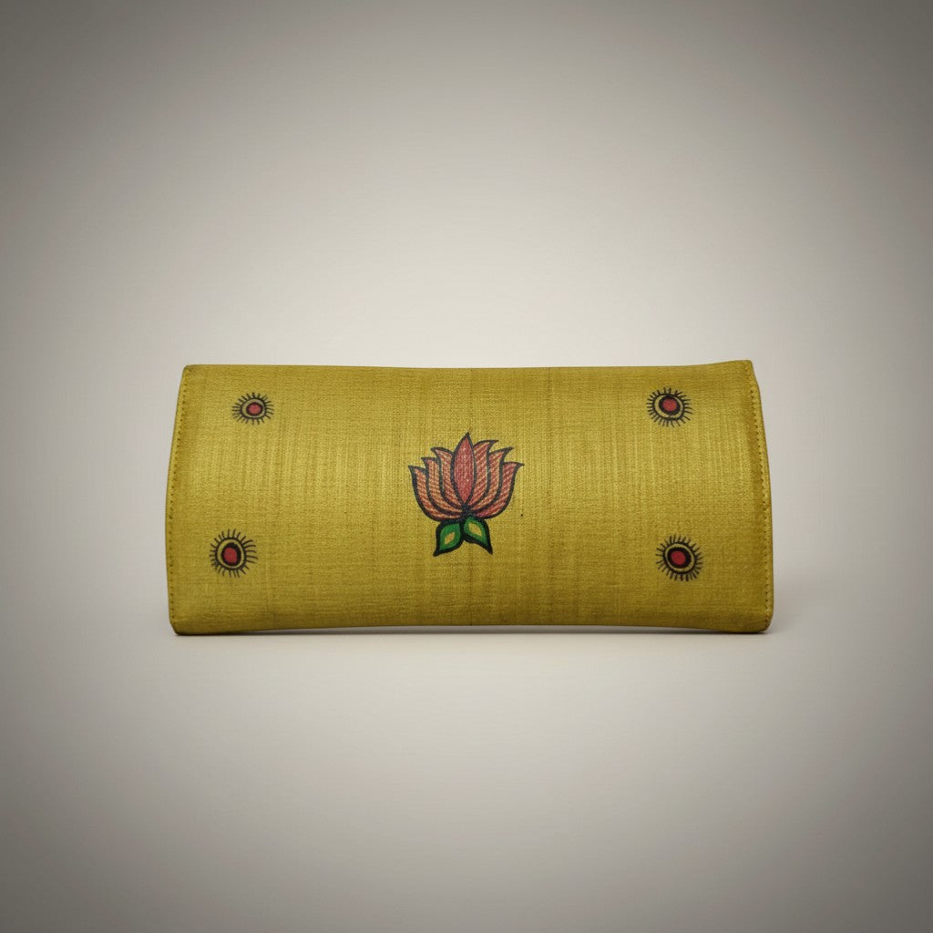 Handmade Madhubani Golden Silk Clutch | Mithila Art Ethnic Handbag Traditional Indian Accessory - Retail Maharaj