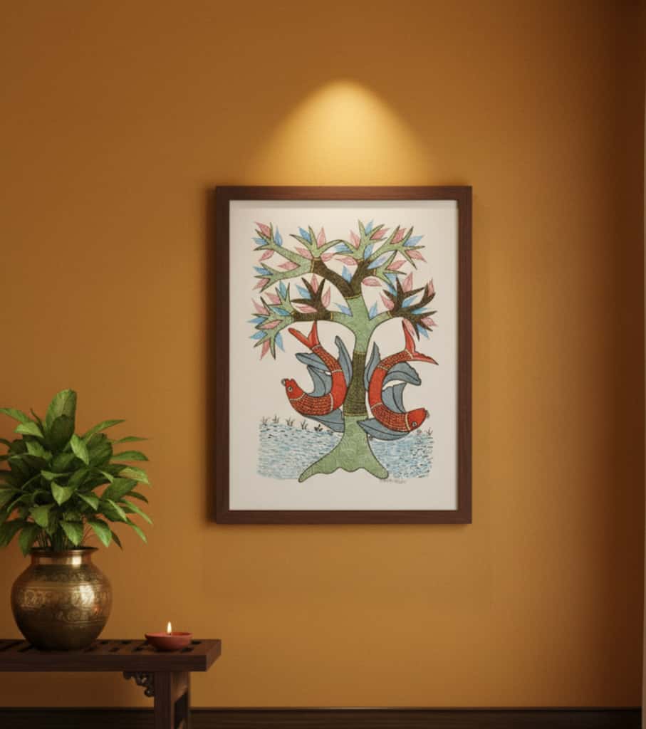 Authentic Gond Painting – Fish Under the Tree of Life (11 × 15 Inch)