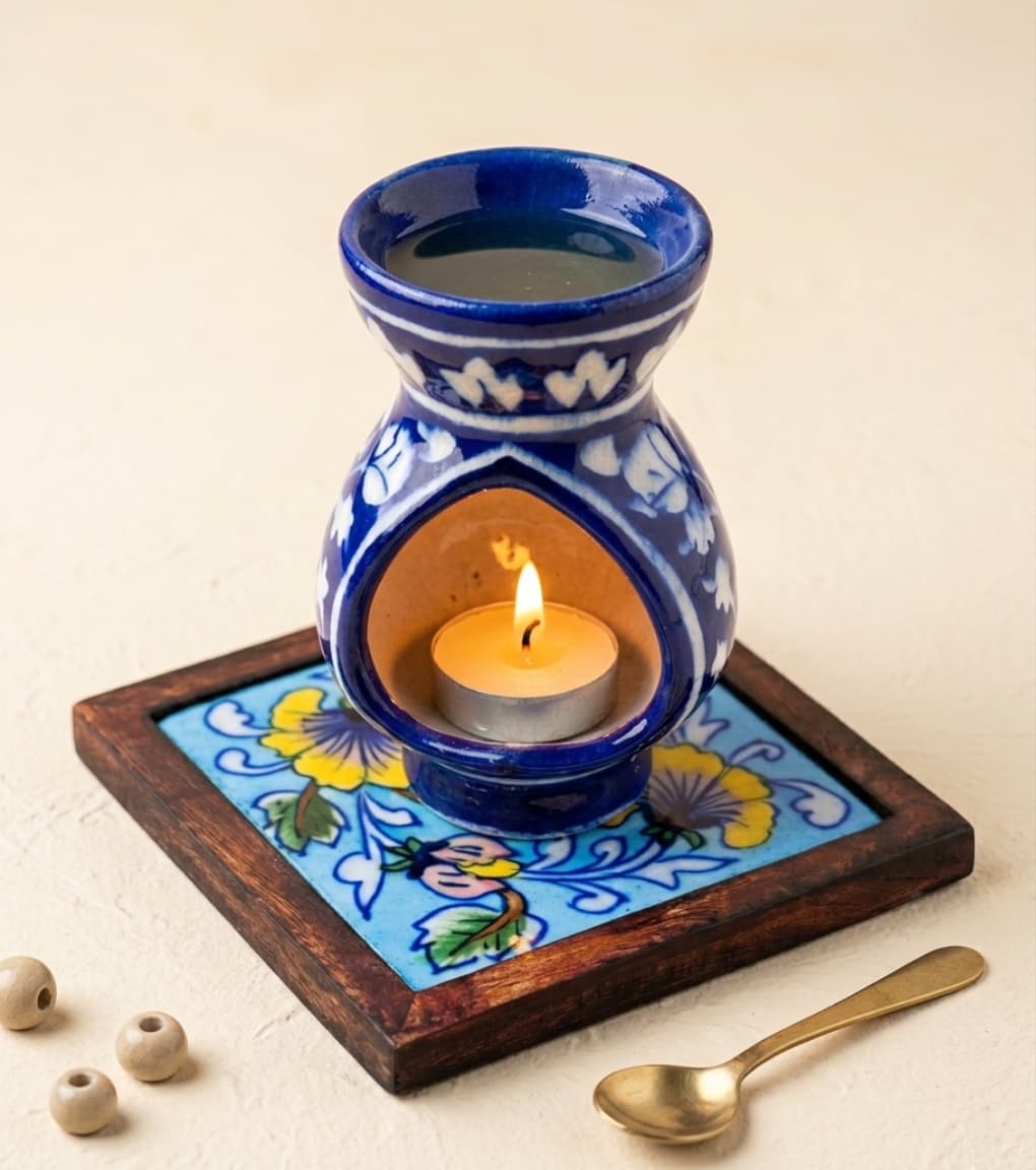 Heritage Floral Jaipur Blue Pottery Oil Burner & Tiled Wood-Frame Set