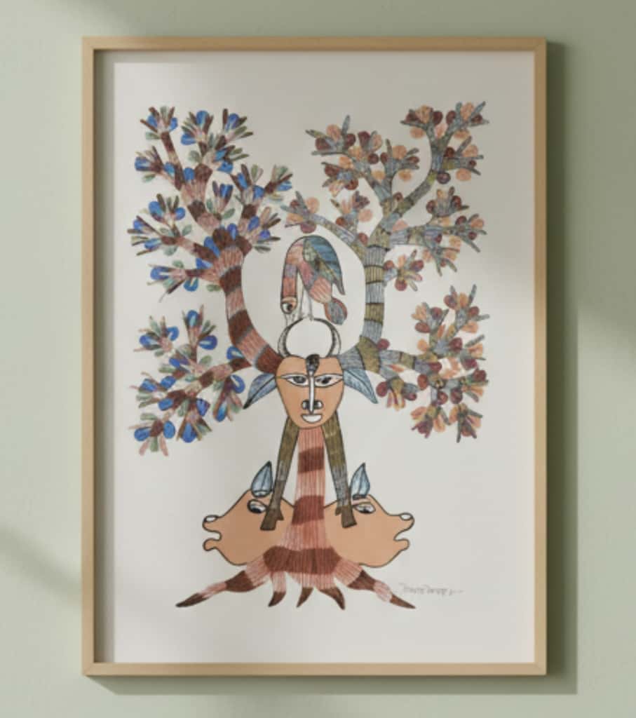 Authentic Gond Painting – Tribal Deity & Cosmic Tree Handmade Folk Art (11 × 15 Inch)