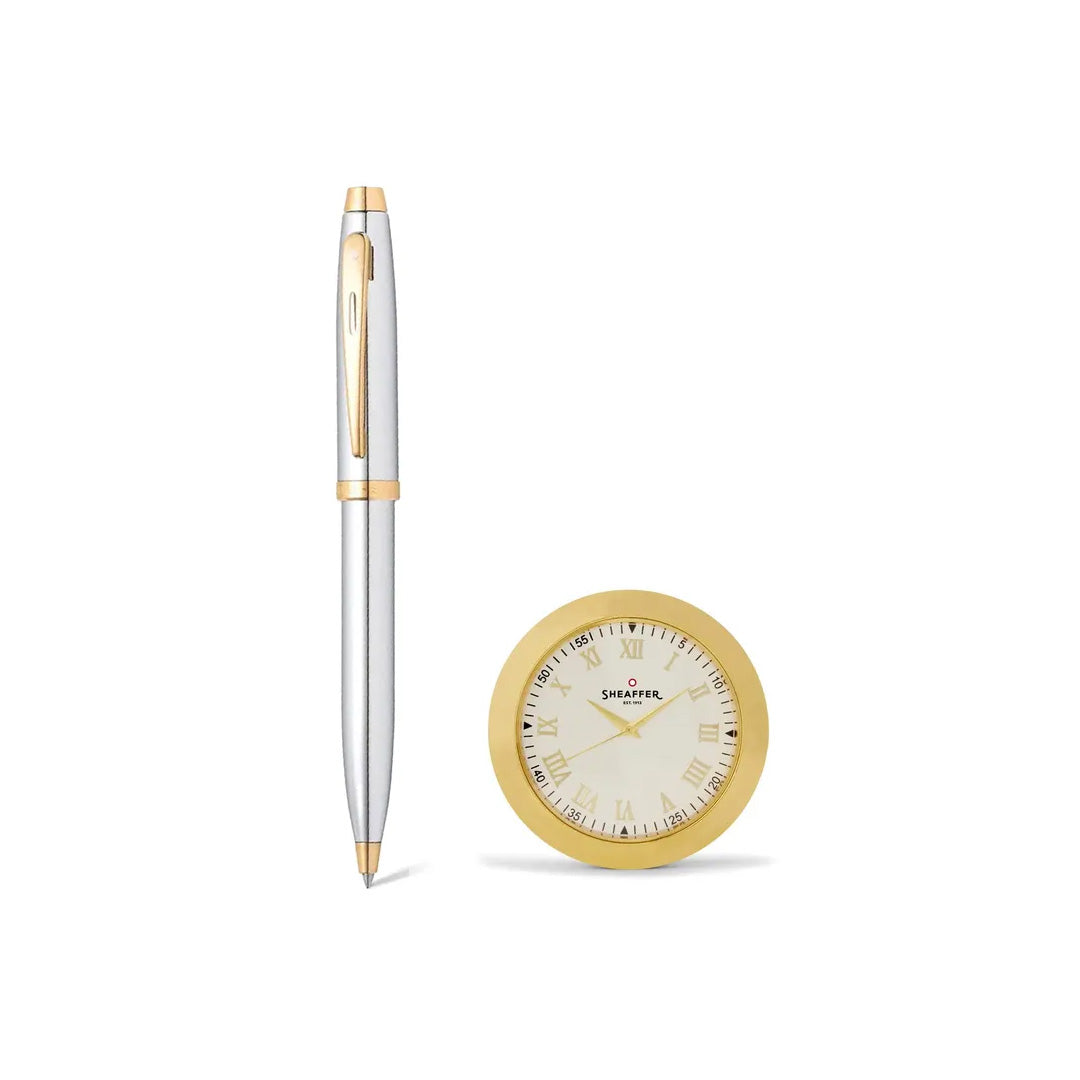 Sheaffer 100 Ballpoint Pen and Desk Table Clock Gift Set Bright Chrome Gold - Retail Maharaj