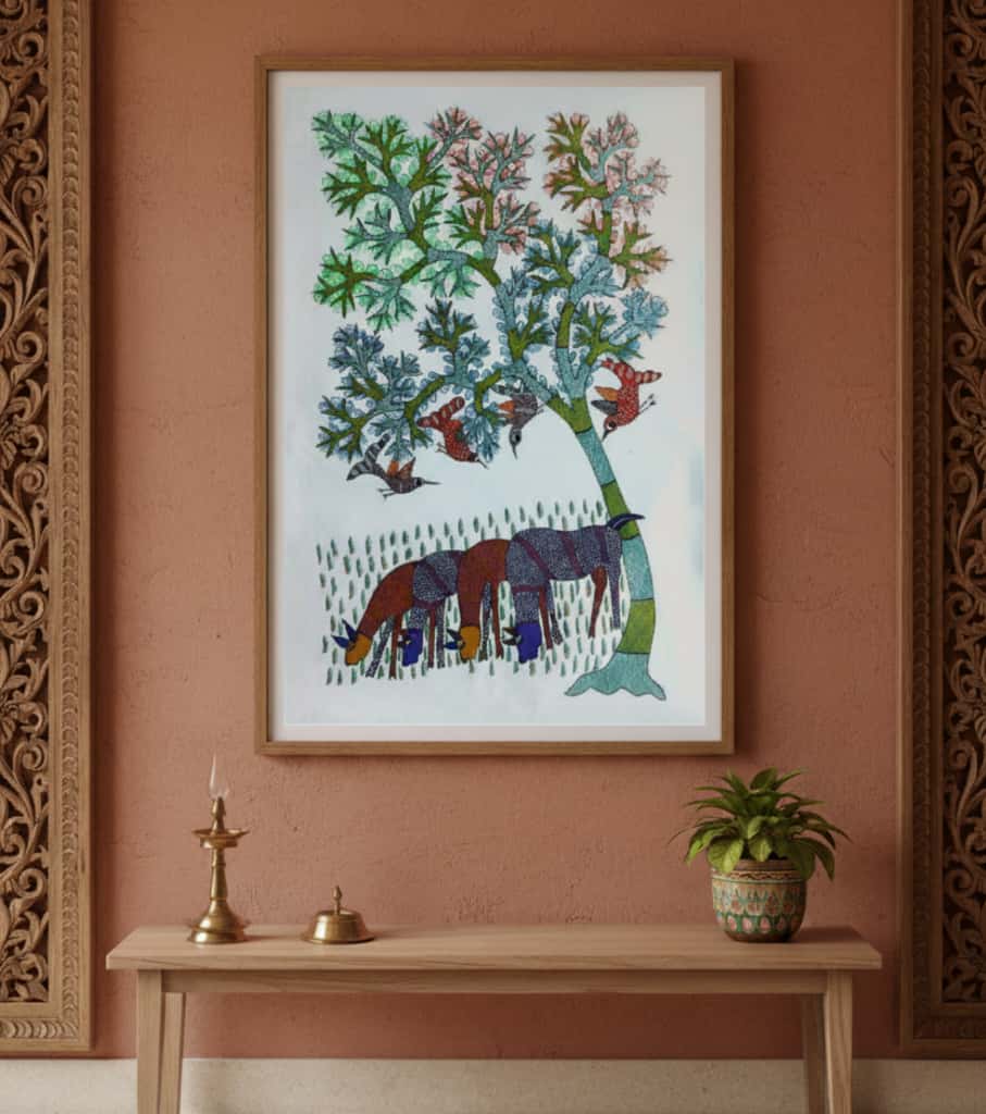 Authentic Gond Painting – Gazing Deer & Tree of Life Handmade Tribal Folk Art (11 × 15 Inch)