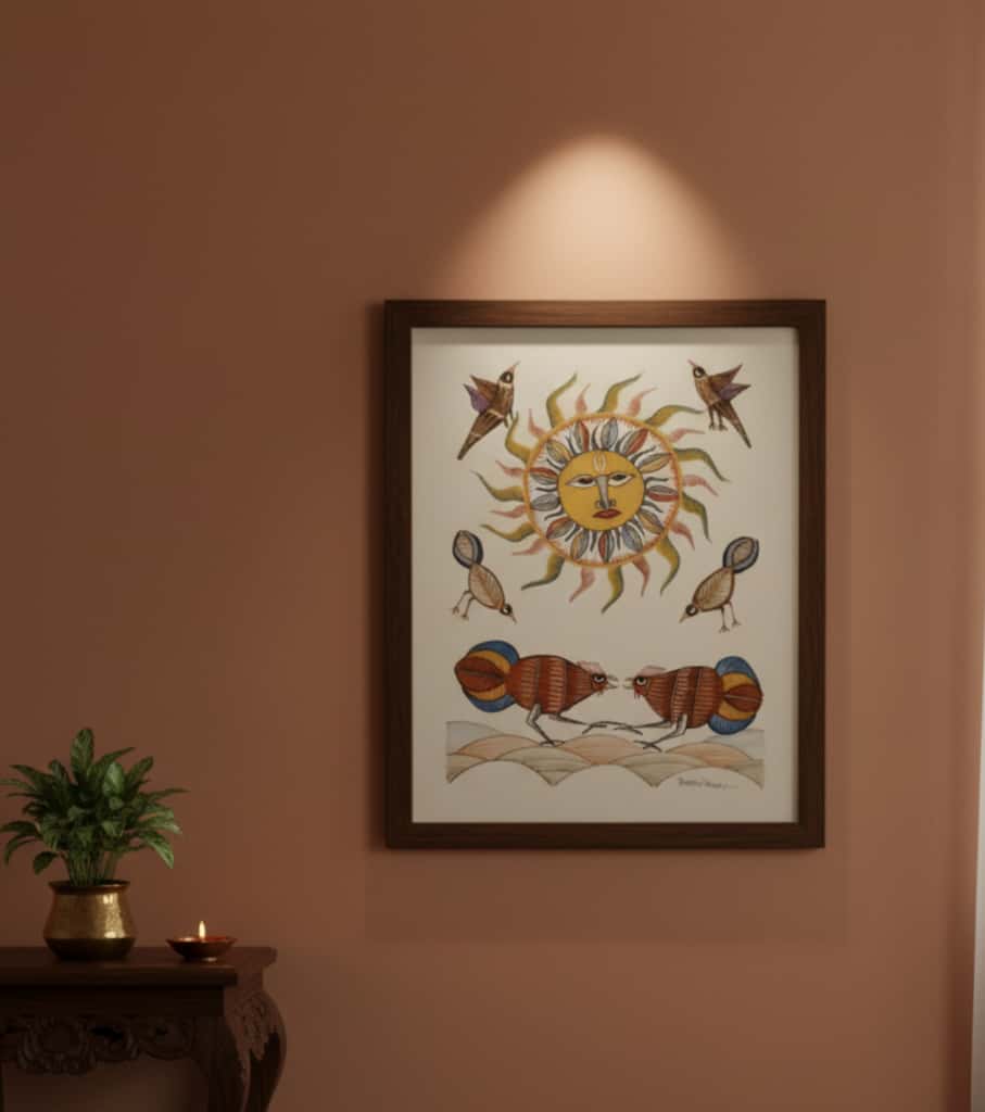 Authentic Gond Painting – Sun God, Celestial Birds & Harmony Art Handmade Tribal Folk Art (11 × 15 Inch)