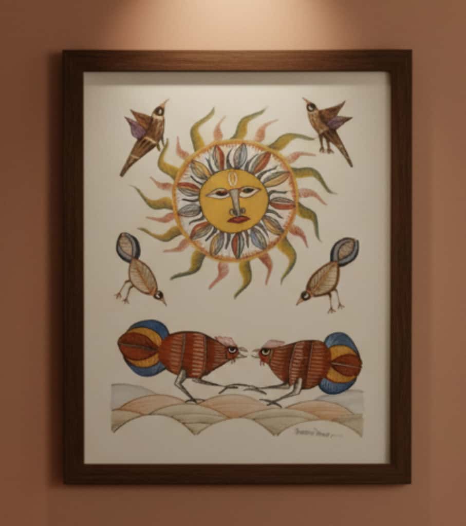 Authentic Gond Painting – Sun God, Celestial Birds & Harmony Art Handmade Tribal Folk Art (11 × 15 Inch)