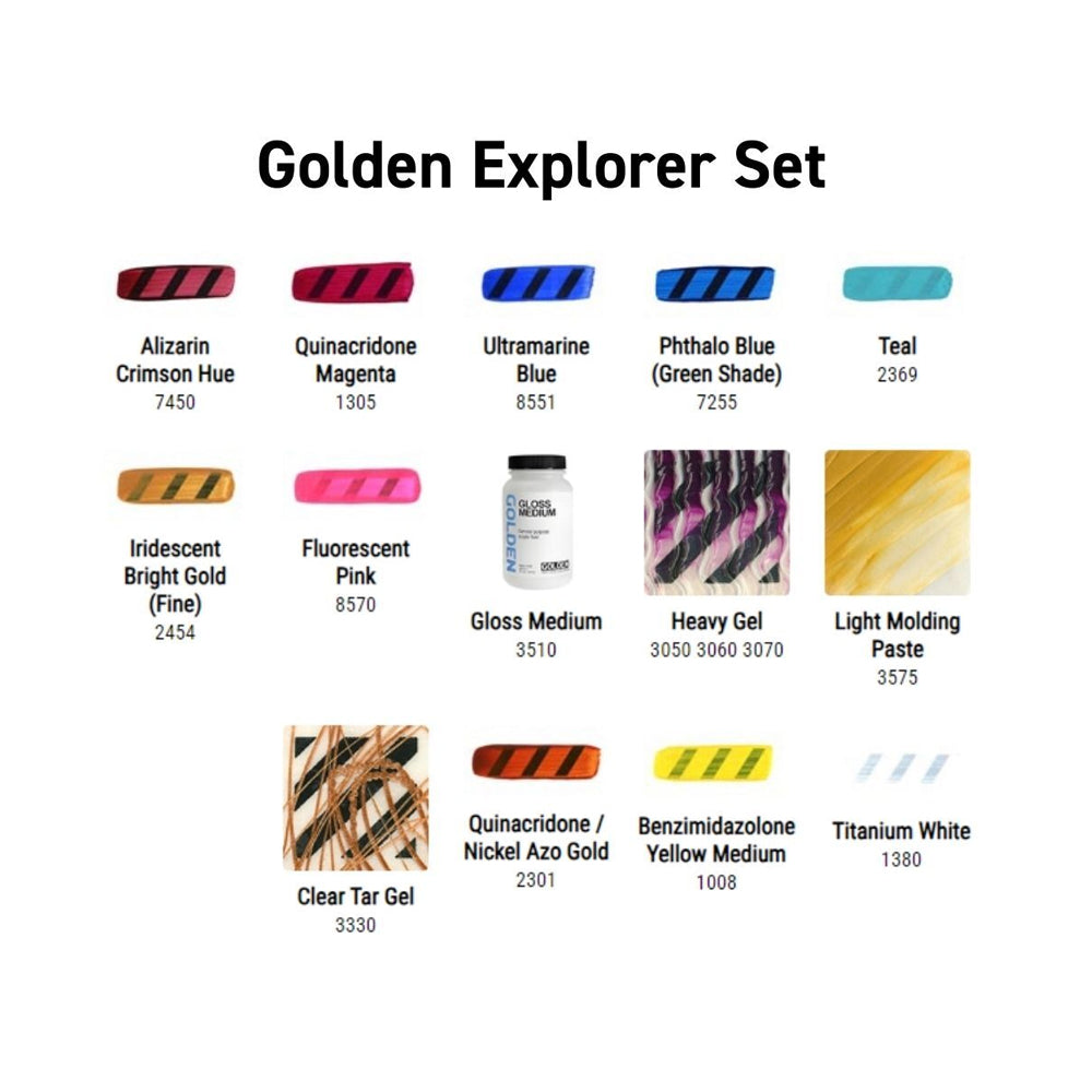 Golden Acrylic Explorer 14 Set with Heavy Body Fluid OPEN and High Flow Colors - Retail Maharaj