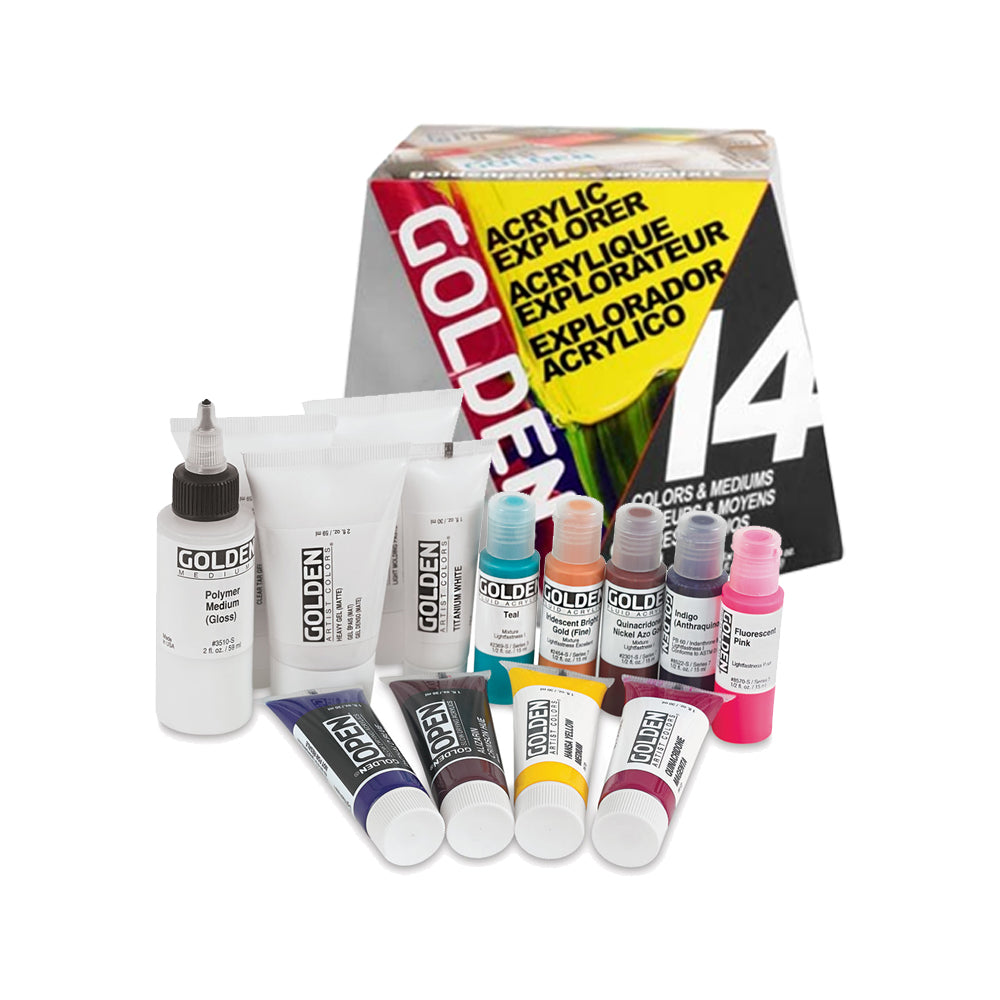 Golden Acrylic Explorer 14 Set with Heavy Body Fluid OPEN and High Flow Colors - Retail Maharaj