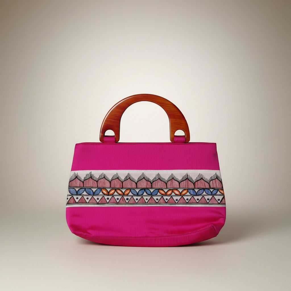 Handmade Silk Handle Bag with Madhubani Art | Mithila Painting Ethnic Handbag - Retail Maharaj