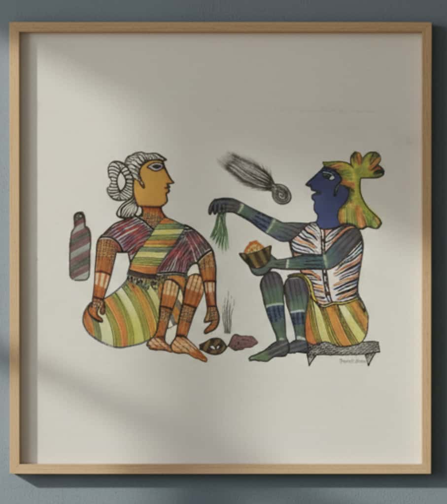 Authentic Gond Painting – Tribal Life Scene Folk Art (11 × 15 Inch)