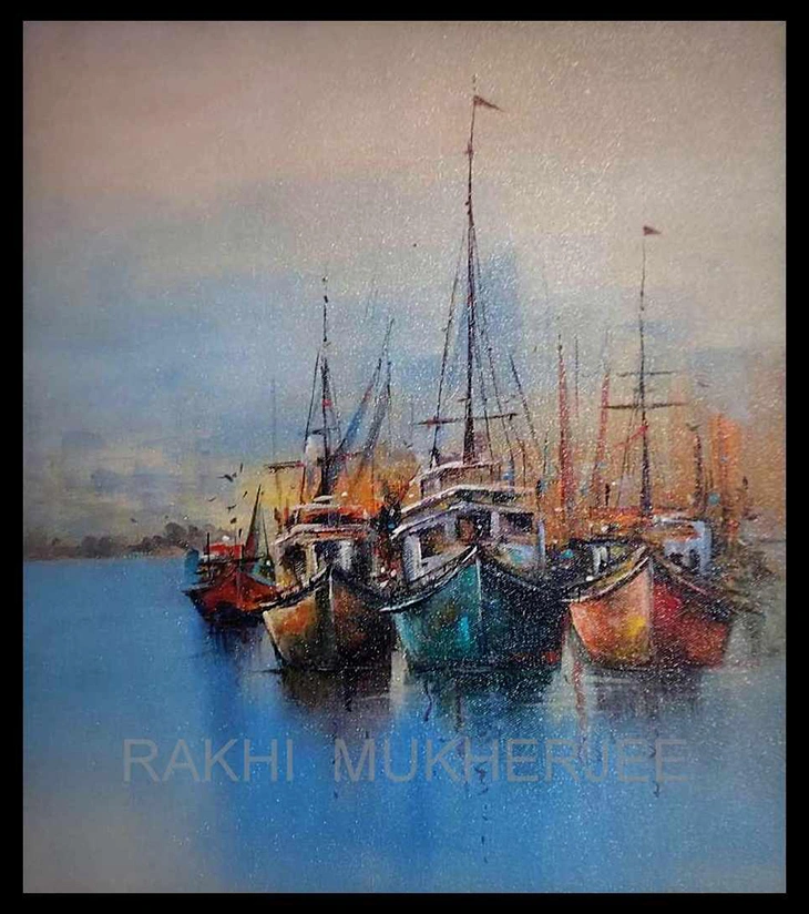 Harbour Hues Original Acrylic Canvas Painting by Rakhi Mukherjee (14 × 11 Inch)