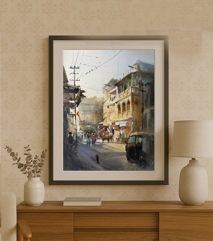Banglar Janopad Original Watercolour Streetscape Painting by Ranjan Kurmi (A3 Size)