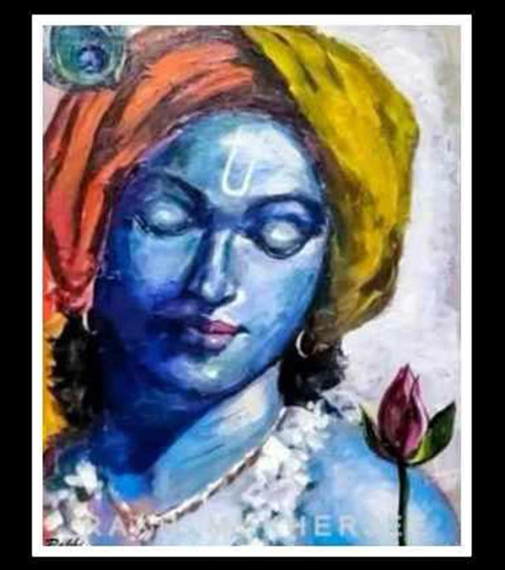Krishna Tranquil Original Mixed Media Canvas Painting by Rakhi Mukherjee (14 × 18 Inch)