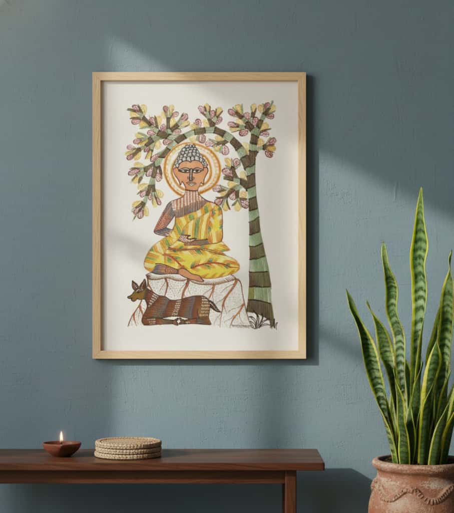 Authentic Gond Painting – Meditation Under Tree Handmade Spiritual Tribal Art (11 × 15 Inch)