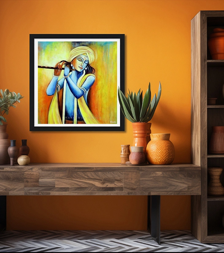 Melody Divine Krishna Original Acrylic Canvas Painting by Rakhi Mukherjee (16 × 16 Inch)