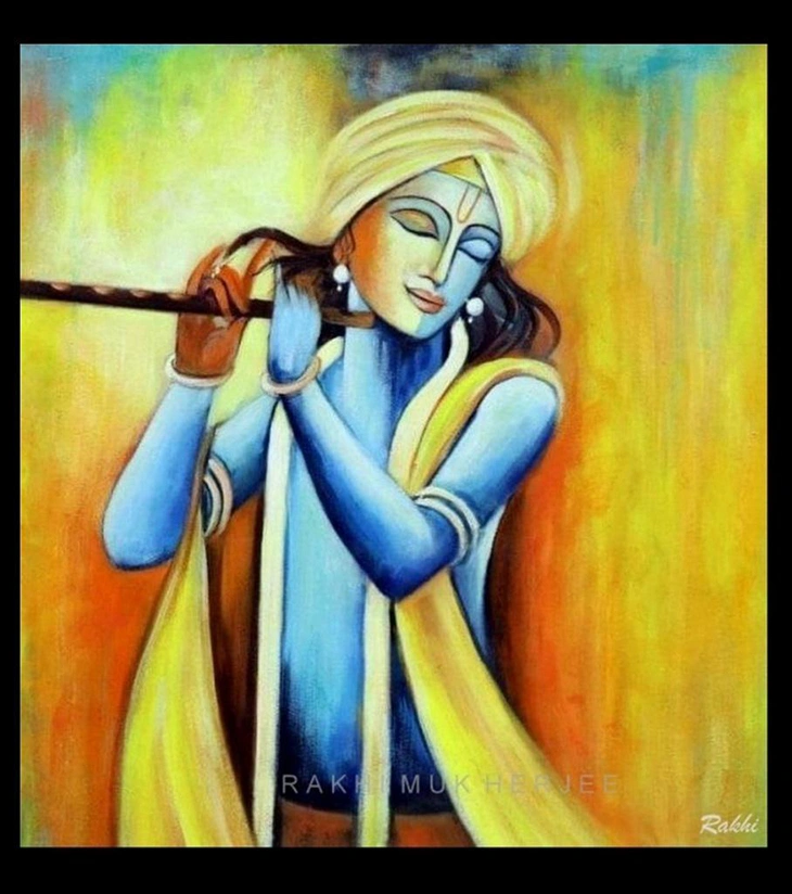 Melody Divine Krishna Original Acrylic Canvas Painting by Rakhi Mukherjee (16 × 16 Inch)
