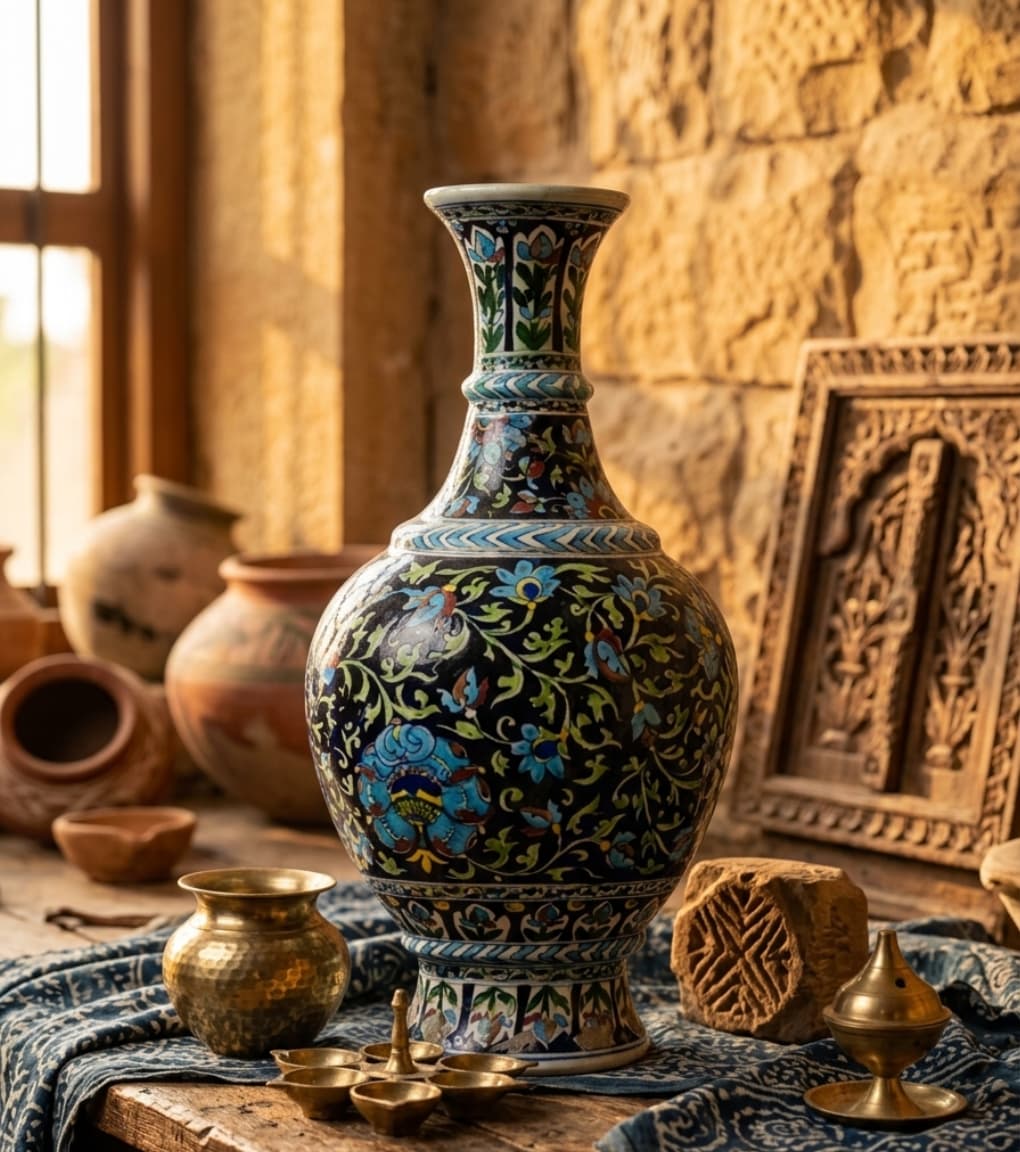 Midnight Onyx & Azure Hand-Painted Jaipur Blue Pottery Heritage Vase (18 Inch)