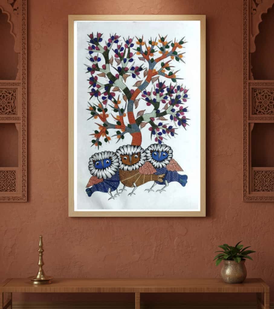 Authentic Gond Painting – Three Wise Owls Tribal Art (36 × 24 Inch)