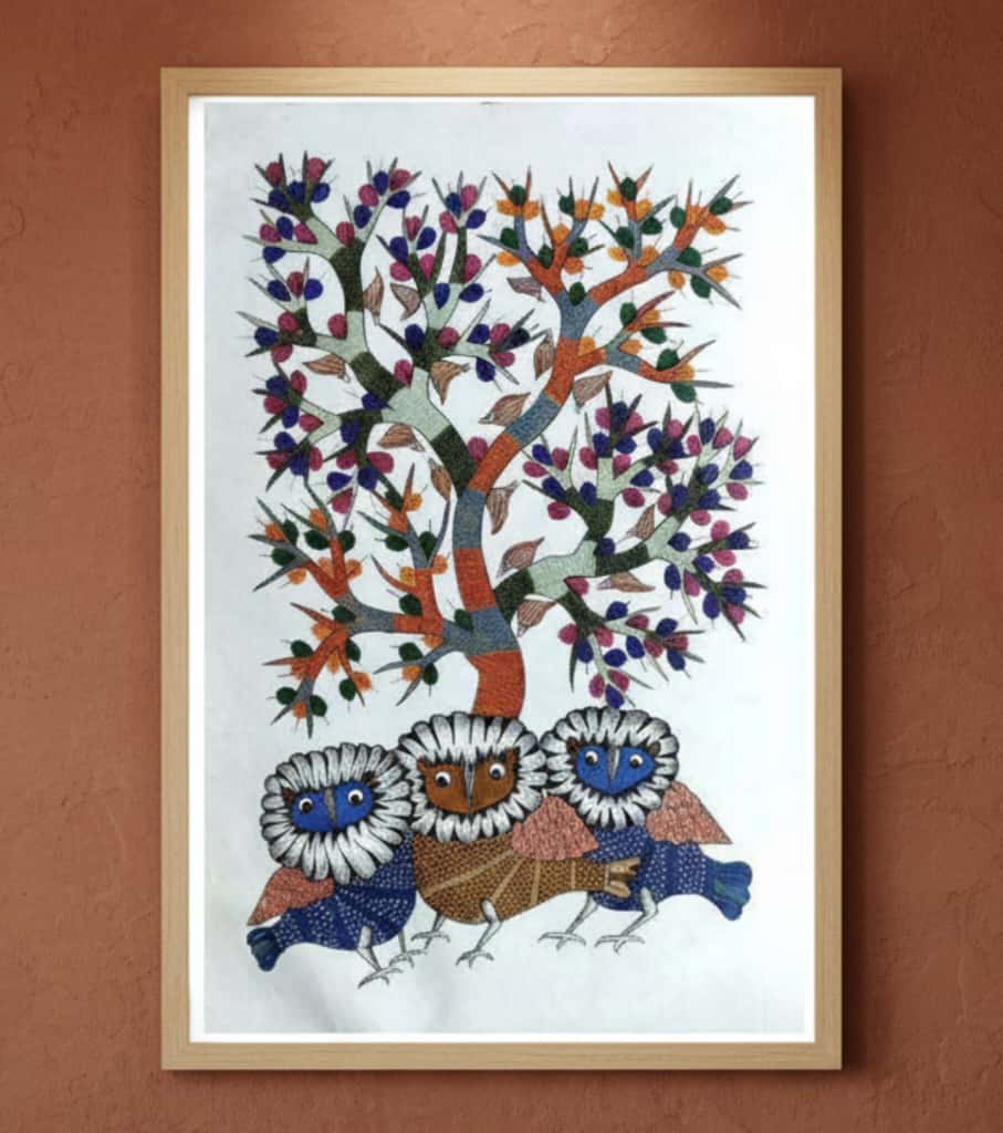 Authentic Gond Painting – Three Wise Owls Tribal Art (36 × 24 Inch)