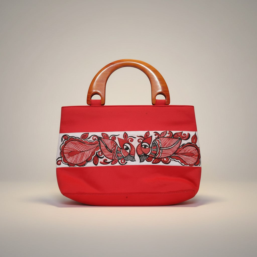 Handmade Silk Handle Bag with Madhubani Art | Mithila Painting Ethnic Handbag - Retail Maharaj