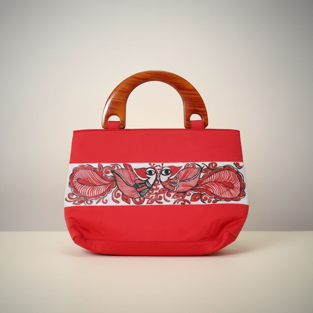 Handmade Silk Handle Bag with Madhubani Art | Mithila Painting Ethnic Handbag - Retail Maharaj