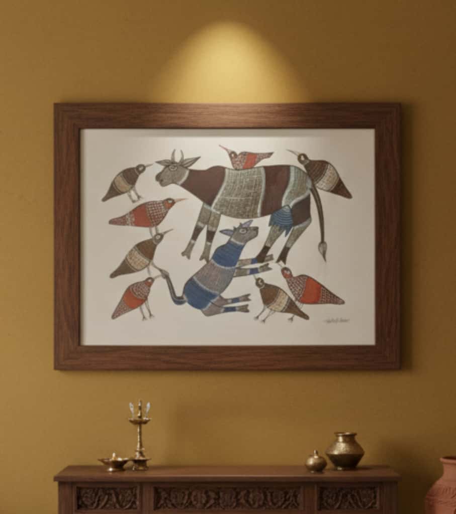 Authentic Handmade Gond Painting – Cow, Calf & Flock of Birds Tribal Art (11 × 15 Inch)