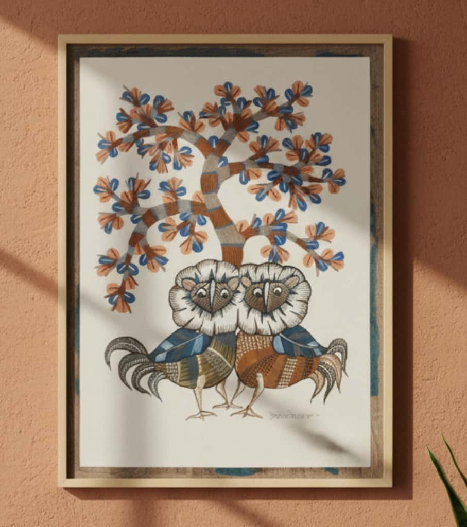 Authentic Gond Painting – Pair & Life Tree Handmade Tribal Folk Art (11 × 15 Inch)