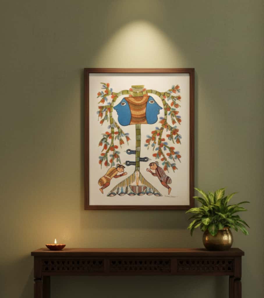 Authentic Gond Painting – Pot of Plenty & Harvest Motif Tribal Art (11 × 15 Inch)