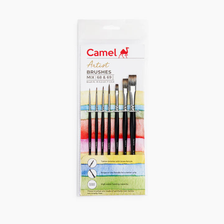 Retail Maharaj Camel Assorted Brush Set of 7 Round Series 68 & Flat Series 69 - Retail Maharaj