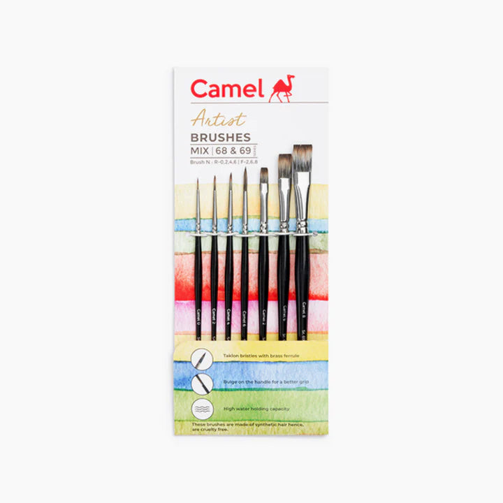 Retail Maharaj Camel Assorted Brush Set of 7 Round Series 68 & Flat Series 69 - Retail Maharaj