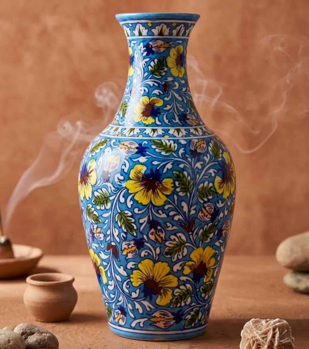 Royal Sunflower Hand-Painted Jaipur Blue Pottery Floral Vase (20 Inch)