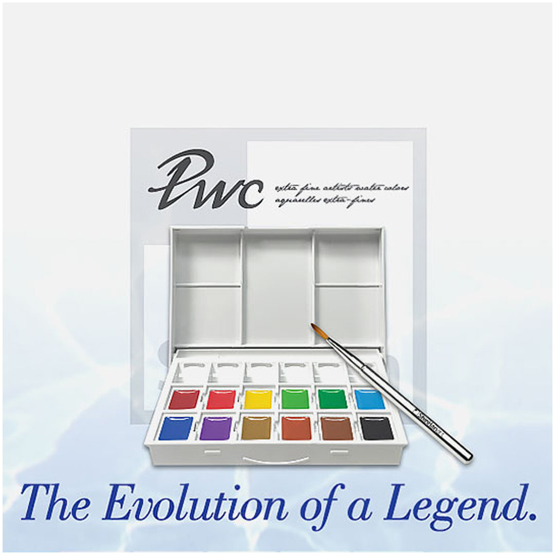 ShinHan PWC, Extra Fine Water Color Half Pan Set – 12 Colors + 6 Wells (FREE Travel Brush Included) - Retail Maharaj