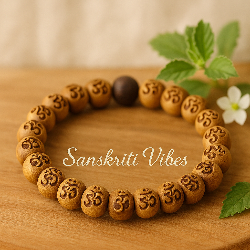 Om Carved Tulsi Beads Bracelet in Elastic Pattern – Sacred Spiritual Bracelet for Devotees - Retail Maharaj