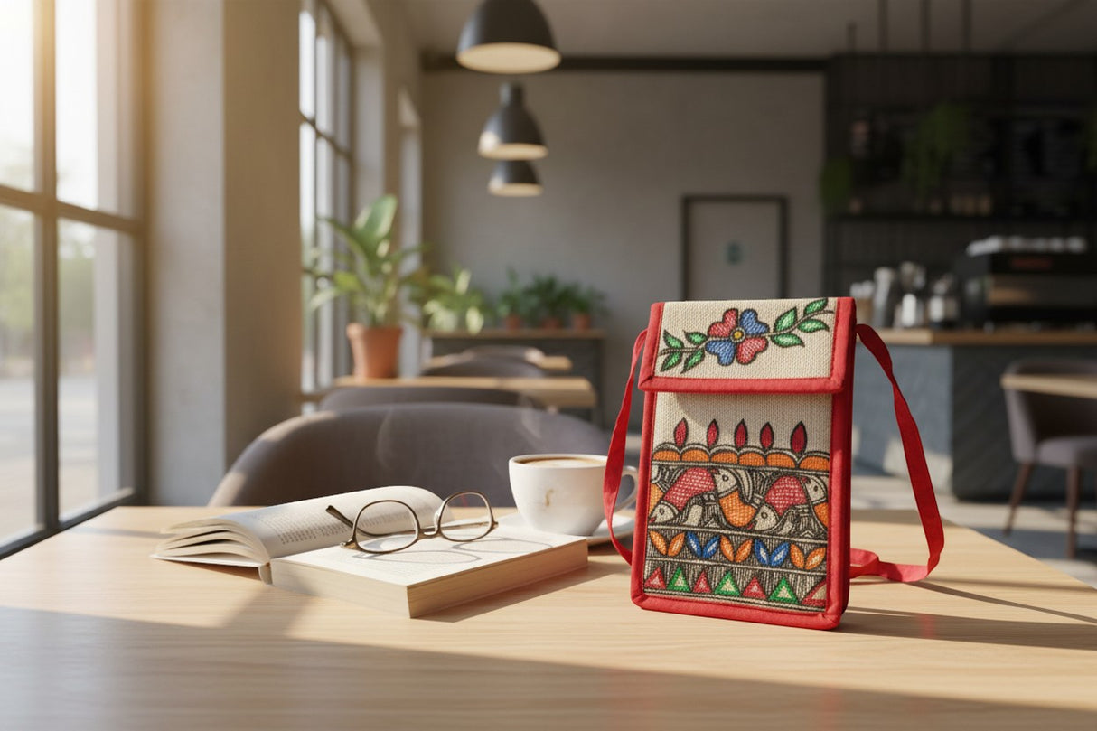 Handmade Madhubani Mobile Pouch – Jute Mithila Art Phone Bag | Eco-friendly Folk Art Accessory - Retail Maharaj